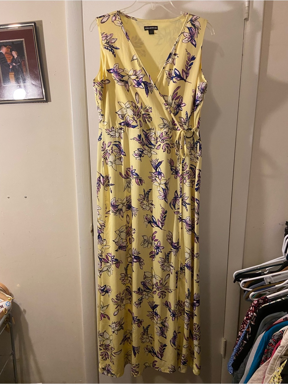 Nina Leonard Yellow Floral Wrap Maxi Dress with Purple Floral Print